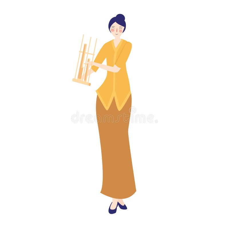 Instrumento musical tradicional del juego de la mujer de Angklung del bambú, traje del oeste tradicional femenino de Java que lle stock de ilustración Instrumento musical tradicional del juego de la mujer de Angklung del bambú, traje del oeste tradicional femenino de Java que lle stock de ilustración