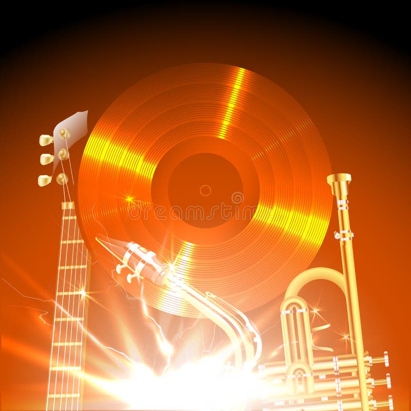 Vector illustration of jazz instruments in the world, jazz guitar, saxophone and trumpet on the background of a vinyl disc. Vector illustration of jazz instruments in the world, jazz guitar, saxophone and trumpet on the background of a vinyl disc.