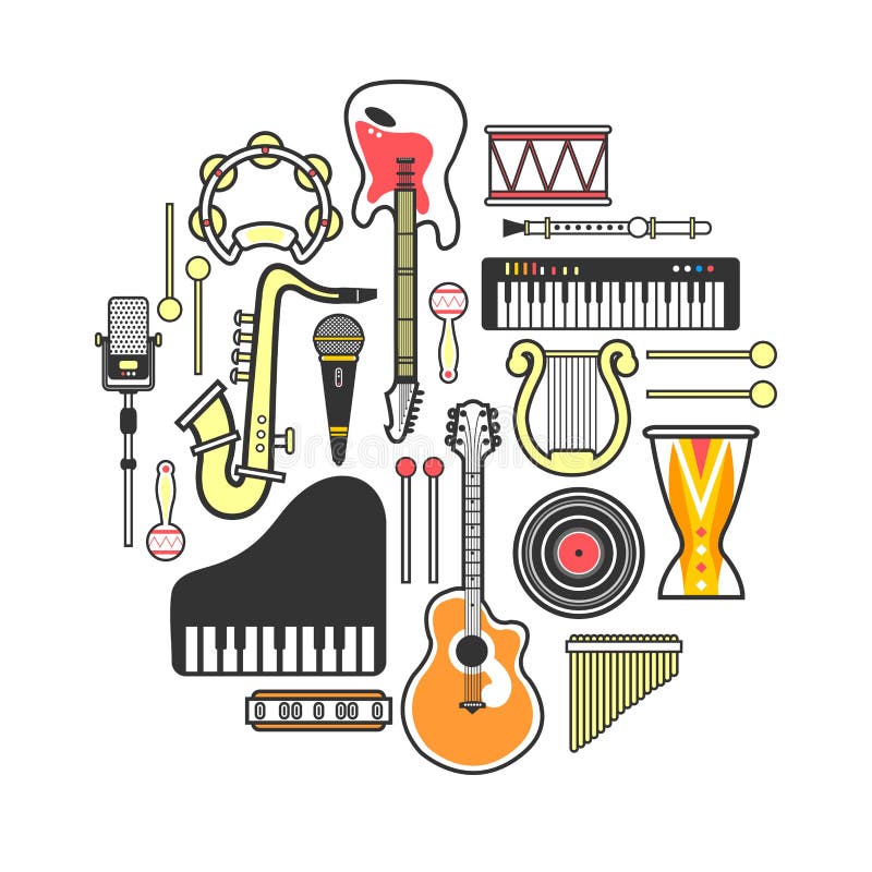 Instrumenty muzyczni tworzący w starannej okrąg ilustraci royalty ilustracja Instrumenty muzyczni tworzący w starannej okrąg ilustraci royalty ilustracja