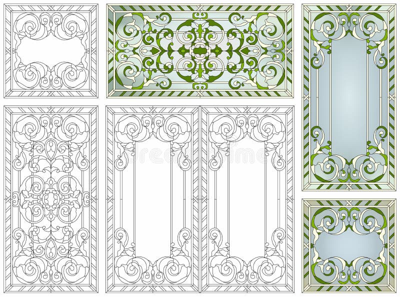 Inställd glasuppsättning Abstrakt geometriskt floralt mönster i en rektangulär och kvadratisk ram Vector vektor illustrationer