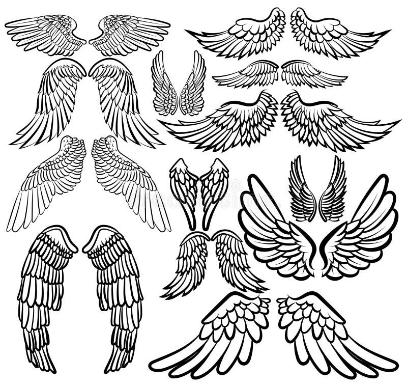 Inställning av änglar Insamling av vingar med fjädrar Bild på svartvit vektor Tattoo vektor illustrationer