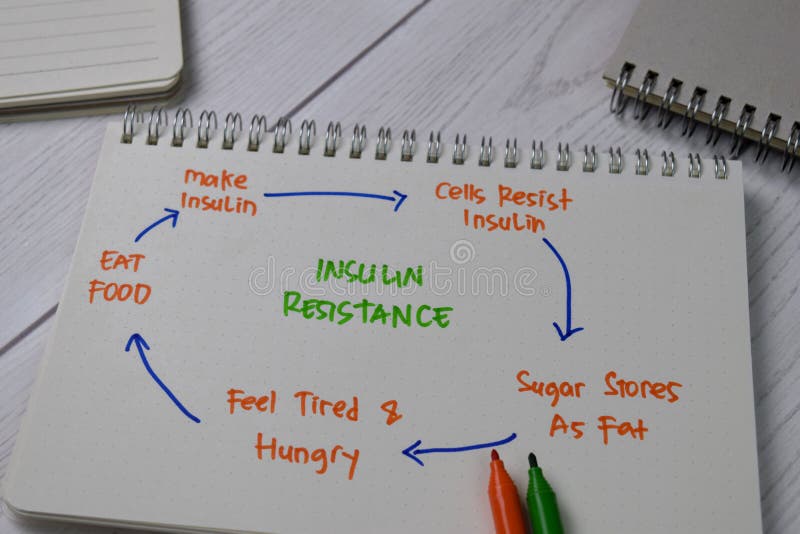 Insulin Resistance write on a book with keywords isolated wooden table