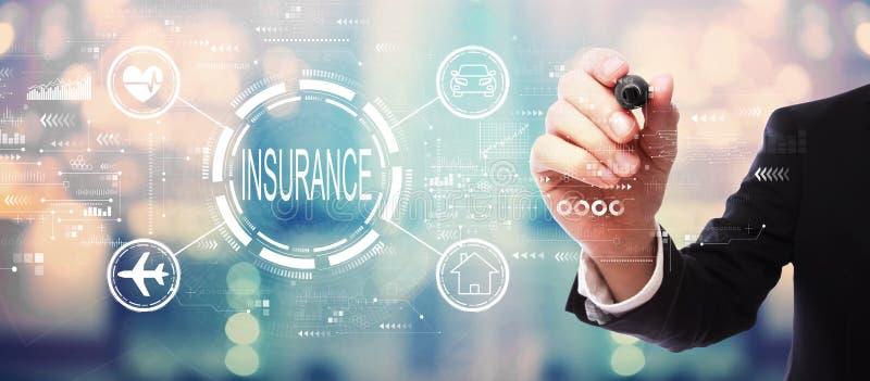 Insurance concept with businessman on blurred abstract background