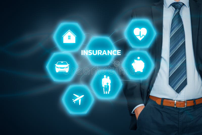 Insurance concept. Businessman with button and insurance icons: real estate insurance, car insurance, travel insurance, family and life insurance, financial insurance and health insurance.