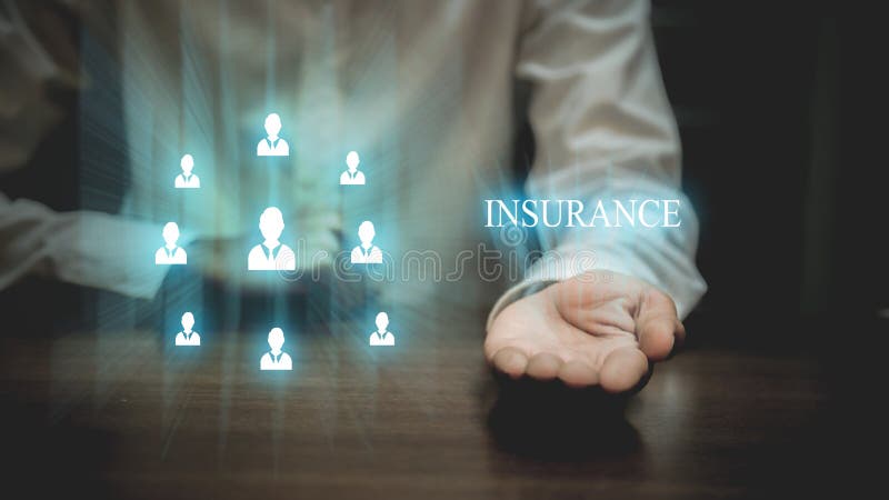 Insurance concept. Businessman with protective gesture and insurance icons: car, travel, family and life, financial and health insurance .