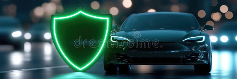 Insurance concept featuring car and glowing shield symbolizing protection vector illustration