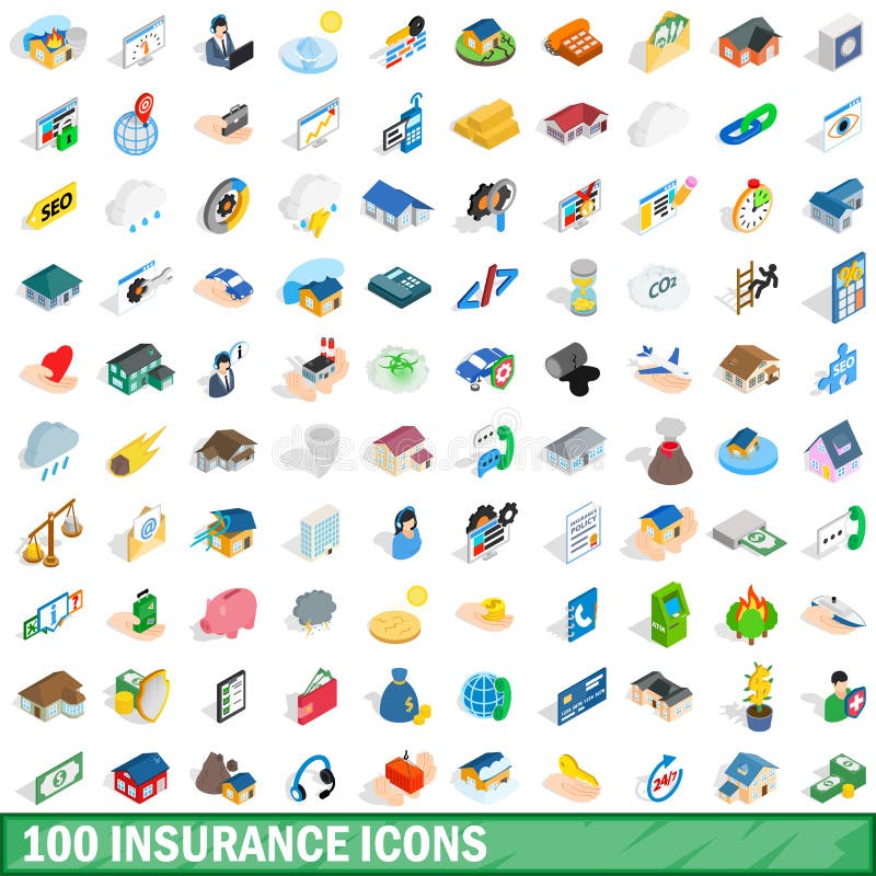 100 insurance icons set, isometric 3d style vector illustration 100 insurance icons set, isometric 3d style vector illustration