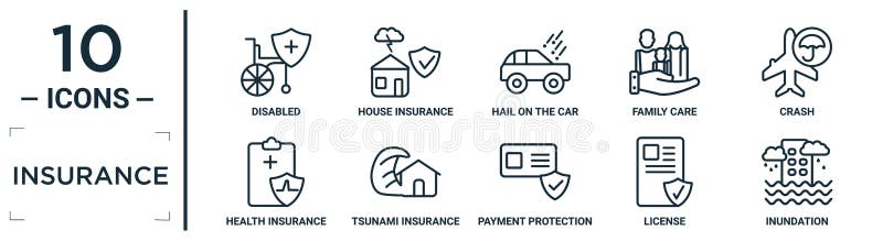 insurance linear icon set. includes thin line disabled, hail on the car, crash, tsunami insurance, license, inundation, health