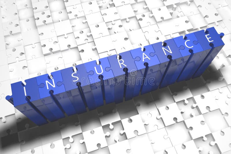 Insurance - puzzle 3d render illustration with block letters on blue jigsaw pieces