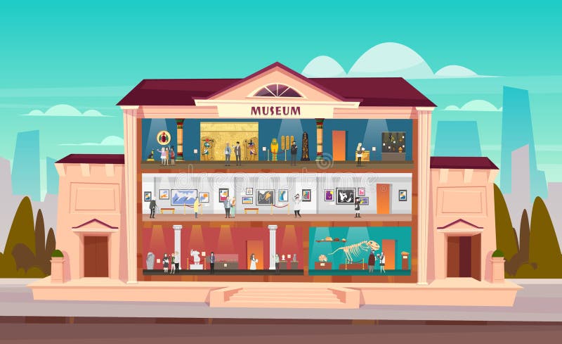 Int?rieur de construction de ville de mus?e avec des salles et des visiteurs illustration libre de droits Int?rieur de construction de ville de mus?e avec des salles et des visiteurs illustration libre de droits