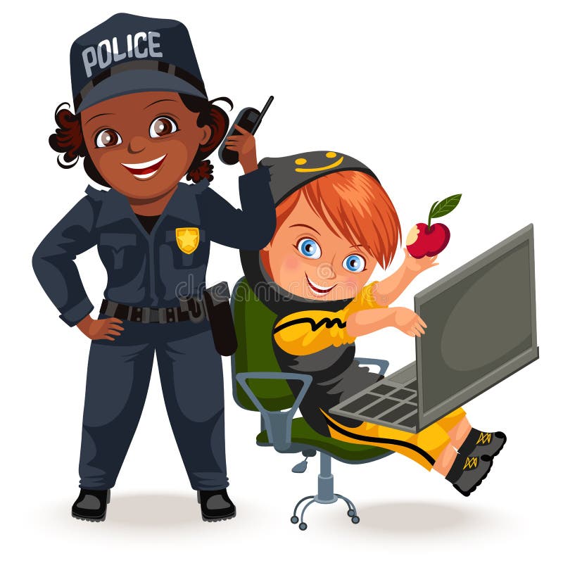 Inte kvinnliga yrken, stark kvinnapolislikformig med innehavradiouppsättningen och programmerareen hacker som programmerar på vektor illustrationer Inte kvinnliga yrken, stark kvinnapolislikformig med innehavradiouppsättningen och programmerareen hacker som programmerar på vektor illustrationer