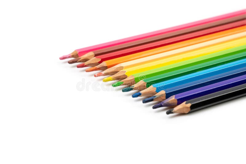 Not sharpen colour pencil 12 colours, pink brown  red orange light orange yellow green dark green light blue dark blue purple and black isolated on white background. Clipping path. Not sharpen colour pencil 12 colours, pink brown  red orange light orange yellow green dark green light blue dark blue purple and black isolated on white background. Clipping path