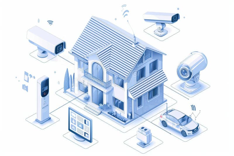 Integrate secure surveillance in your urban environment with a Security camera, featuring integrated security ecosystems and monit vector illustration