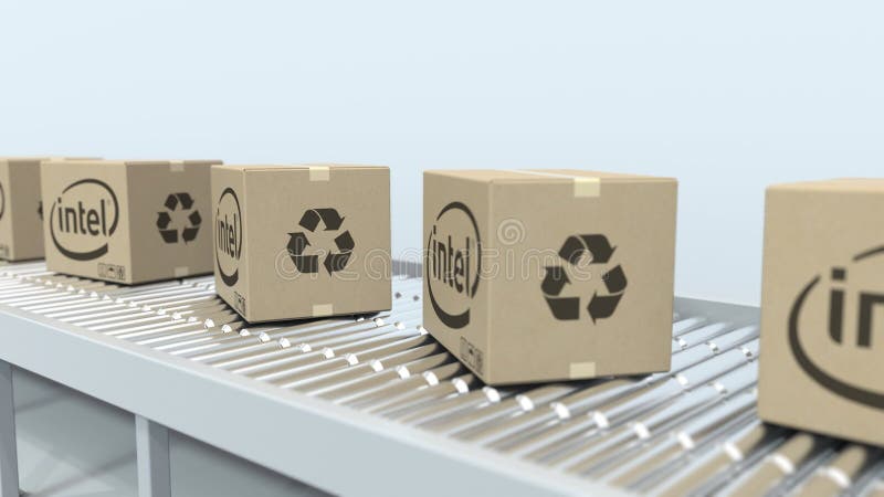 INTEL logo on moving boxes on roller conveyor. Loopable editorial 3D animation stock video footage