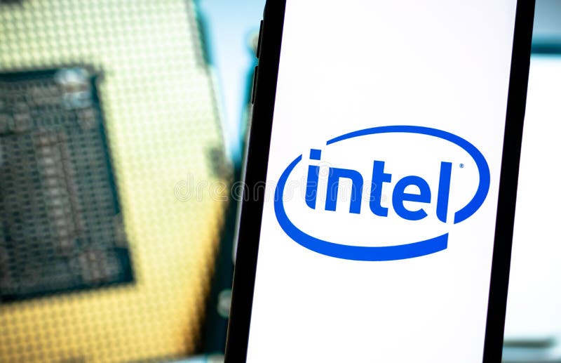 Intel logo on smartphone screen. royalty free stock photos