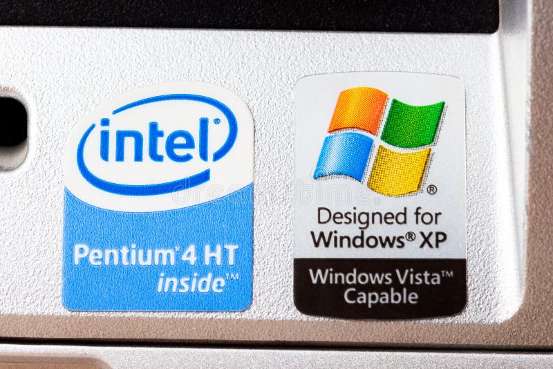 Intel Pentium HT Inside, Designed for Windows XP and Windows Vista capable computer desktop pc front manufacturer stickers, brand