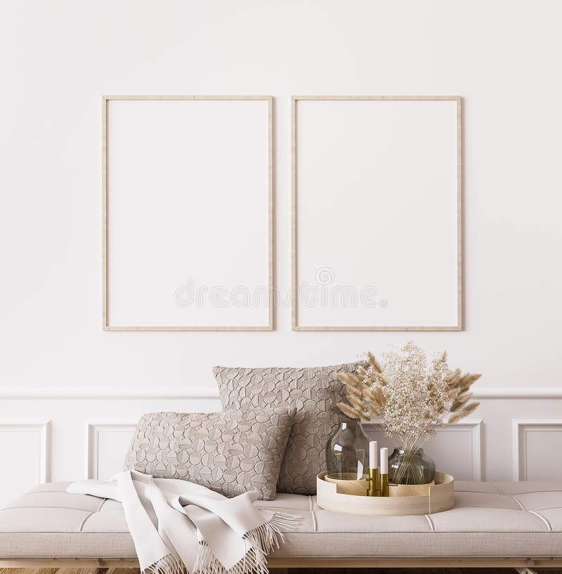 Intelaiatura in salotto contemporaneo progettazione di due frame verticali su fondo di muro bianco fotografie stock