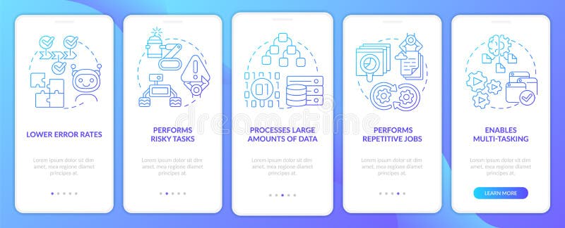 Inteligencia artificial beneficia a pantalla de aplicación móvil con gradiente azul ilustración del vector