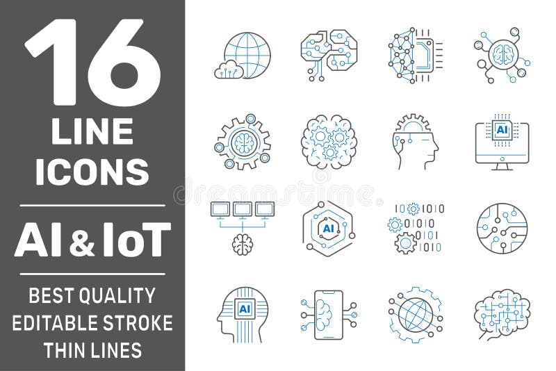 Inteligencia artificial e iconos finos. fábrica de iot iot ai 40. código binario robot microchip cerebro inteligente y otros ilustración del vector
