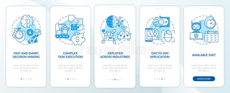 Inteligencia artificial fortalece la pantalla azul de aplicación móvil onboarding stock de ilustración