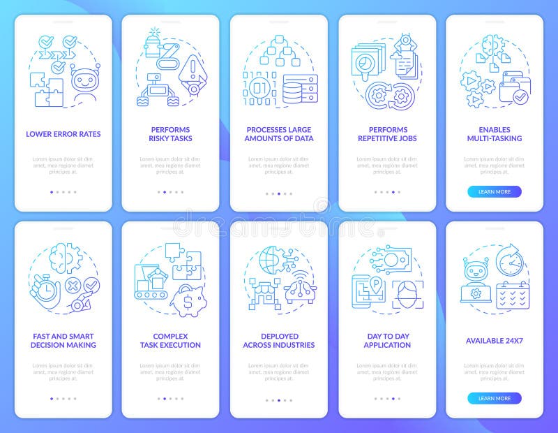 Inteligencia artificial gradiente azul incorporado aplicación móvil conjunto de pantalla stock de ilustración
