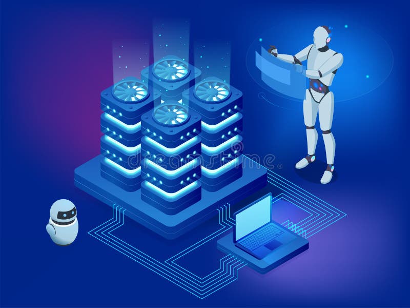 Inteligencia artificial isométrica ai. robots con ayuda simplifican el análisis de negocios mediante el procesamiento de datos e i ilustración del vector