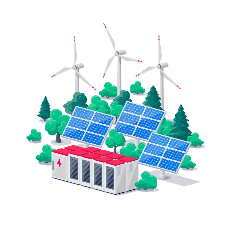 Renewable energy electric power station smart grid system. Isolated vector illustration of photovoltaic solar panels, wind turbines and lithium-ion battery energy storage for off-grid backup on white. Renewable energy electric power station smart grid system. Isolated vector illustration of photovoltaic solar panels, wind turbines and lithium-ion battery energy storage for off-grid backup on white