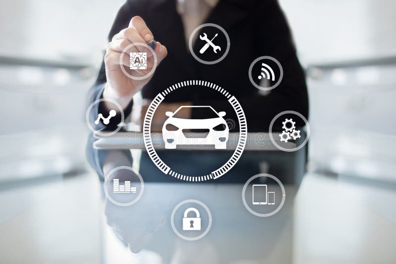 Inteligentny samochód, AI pojazd, smart card Symbol ikona i samochód Nowożytna bezprzewodowa komunikacja i IOT pojęcie