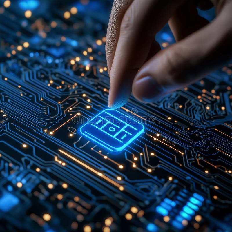 Inteligența artificială generativă AI generează documente și documente abstracte. Omul care atinge pictograma AI pe placa electron stock illustration