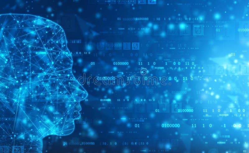Inteligență artificială abstractă. fundal web tehnologie. conturul capului uman cu coduri binare vector illustration
