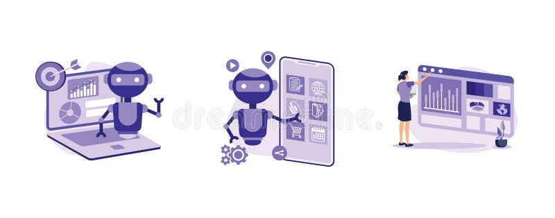 Inteligență artificială pentru întreprinderi. asistență pentru instrumente de marketing bazate pe asistență în cadrul activitățilo stock illustration