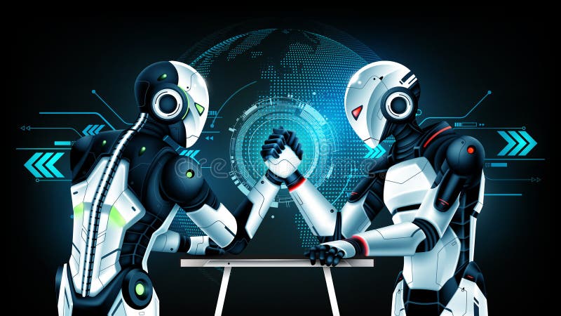 Inteligență artificială roboți umanoizi luptă braț în fața unui glob digital simbolizând competiția globală IA vector illustration
