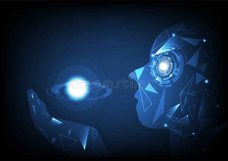 Inteligência artificial, mão do polígono que guarda a energia do planeta w ilustração stock Inteligência artificial, mão do polígono que guarda a energia do planeta w ilustração stock