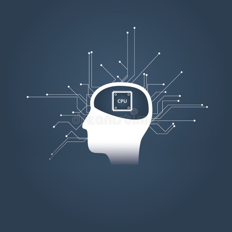 Inteligência artificial ou conceito do ai com cabeça do ser humano ou do androide e processador central em vez do cérebro Símbolo ilustração do vetor Inteligência artificial ou conceito do ai com cabeça do ser humano ou do androide e processador central em vez do cérebro Símbolo ilustração do vetor