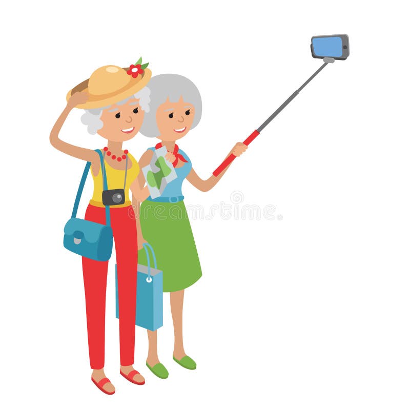 Intellegent modern elderly women using mobile phone. Grandmother makes selfie on smartphone.