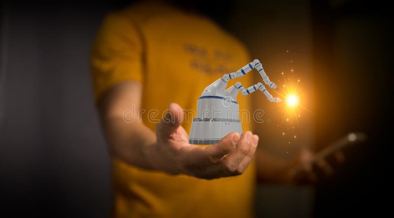 In intelligent factories, industrial engineers use contemporary real-time software control automation robot arms. digital creation royalty free stock photography