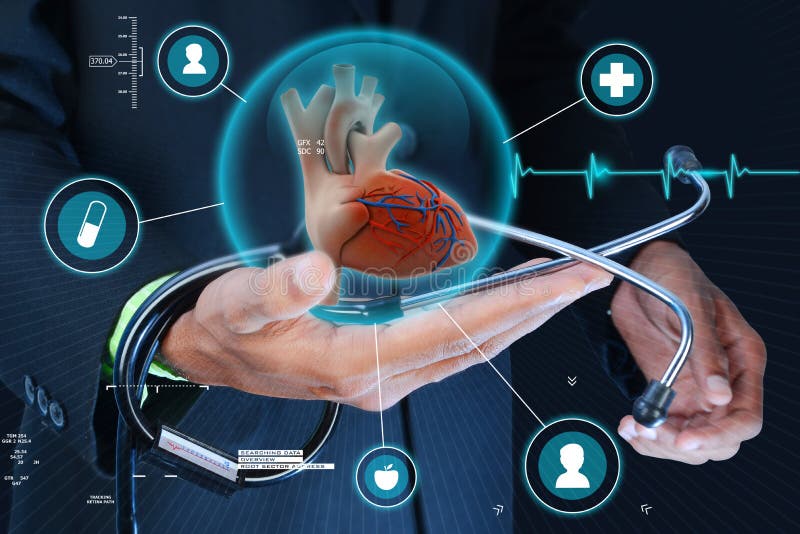 Intelligente Hand, die menschliches Herz und Stethoskop zeigt stockbilder Intelligente Hand, die menschliches Herz und Stethoskop zeigt stockbilder