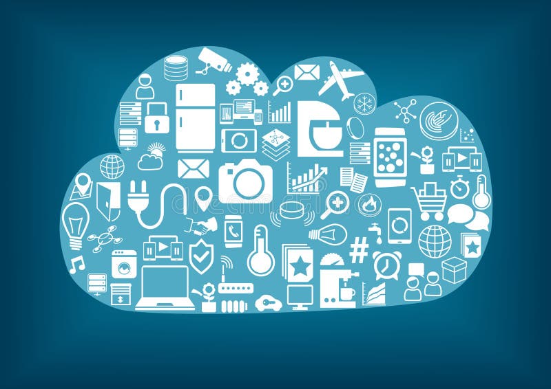 Smart home cloud computing. Light blue cloud with dark blue background and white icons / symbols. Connectivity of different wireless devices via the internet of things (IoT). Smart home cloud computing. Light blue cloud with dark blue background and white icons / symbols. Connectivity of different wireless devices via the internet of things (IoT).