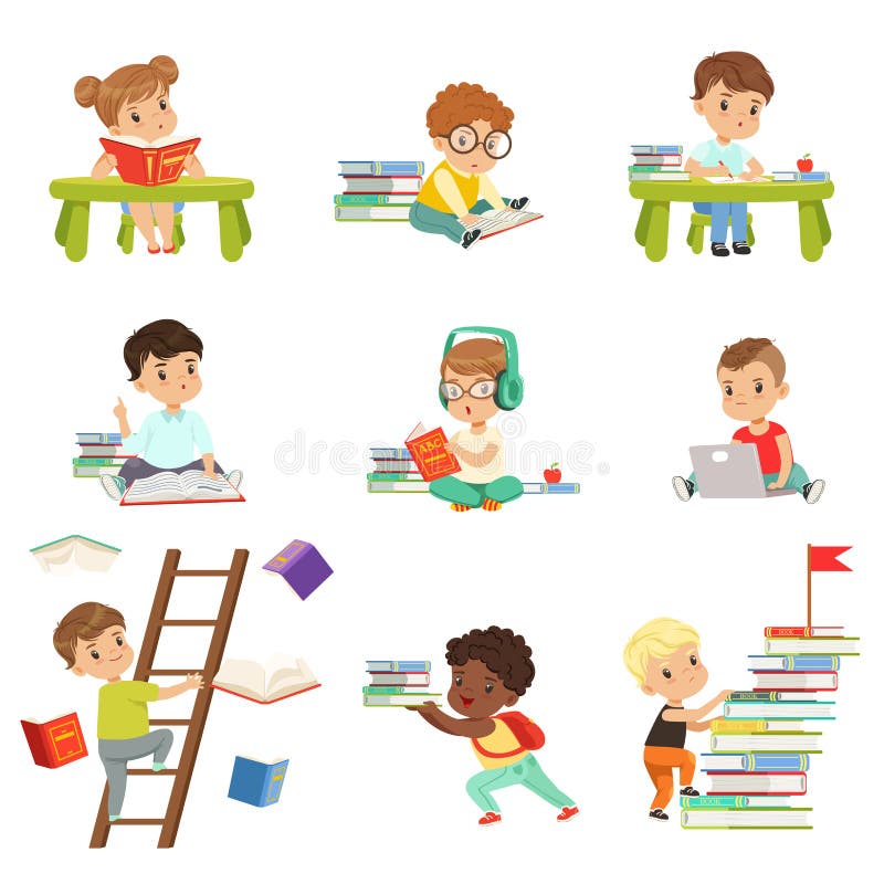 Intelligente Kleinkindlesebücher stellten, die netten Vorschulkinder ein, die Vektor Illustrationen auf einem Weiß lernen und stu stock abbildung