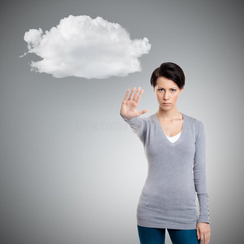 Intelligente Mädchenshowendgeste zur Wolke stockbild Intelligente Mädchenshowendgeste zur Wolke stockbild