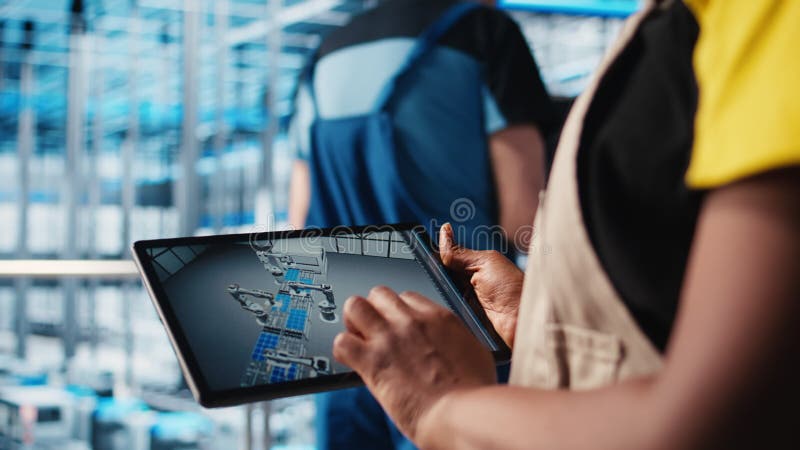 Intelligente Werksingenieure entwickeln Robotermaschinen mit CAD-Software stock video