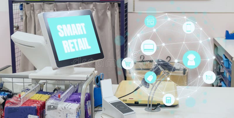 Intelligenter Einzelhandel im futuristischen Technologiekonzept die Ikonenshow die blockchain Bedeutung einschließlich Speicher