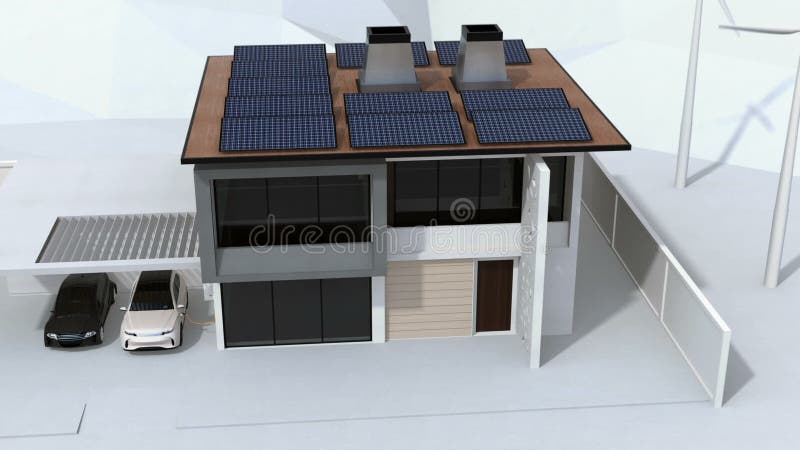 Intelligentes Haus angetrieben durch Sonnenkollektoren und Windkraftanlage Elektro-Mobil, das in der Garage neulädt