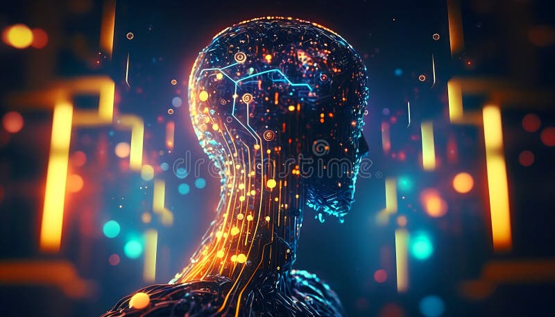 Intelligenza artificiale con un cervello digitale che sta imparando a elaborare grandi dati con decorazioni di circuiti e alti illustrazione di stock