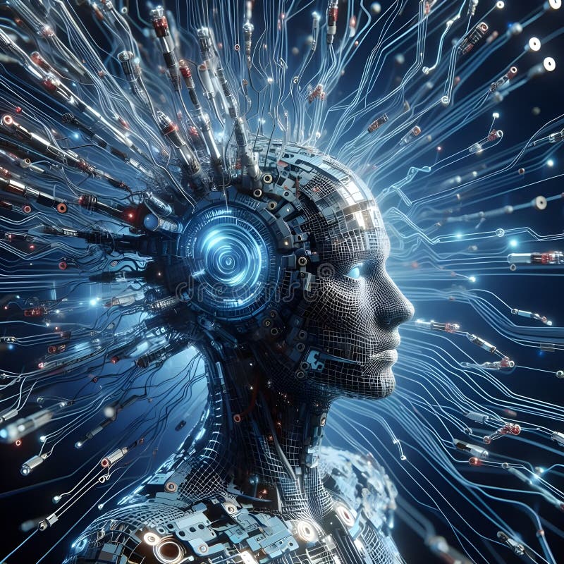 Intelligenza artificiale testa-robot connessioni scure fotografia stock libera da diritti