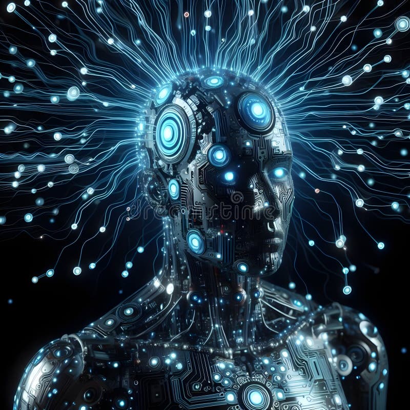 Intelligenza artificiale testa-robot connessioni scure immagine stock