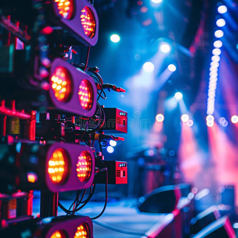 Intense close up of high tech stage lighting equipment over empty stage prepping for a dynamic entertainment show vector illustration