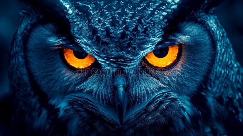 Intense close up of an owl with glowing orange eyes in a dark mysterious blue setting royalty free illustration
