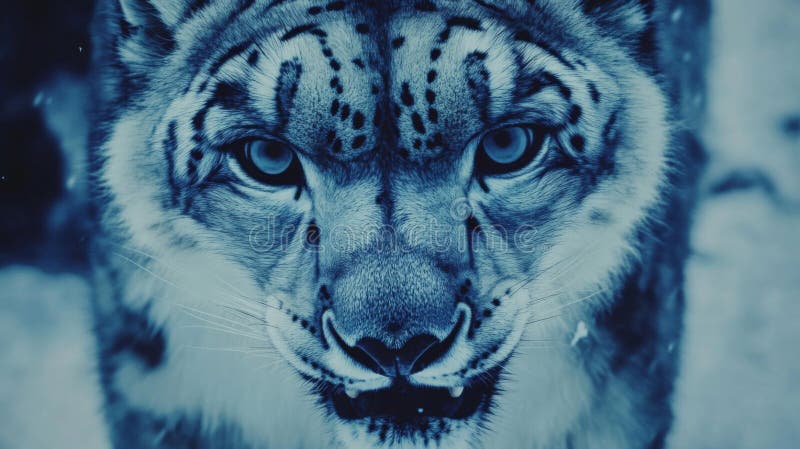 Intense Close Up Portrait of a Snow Leopard in Blue Tones royalty free illustration