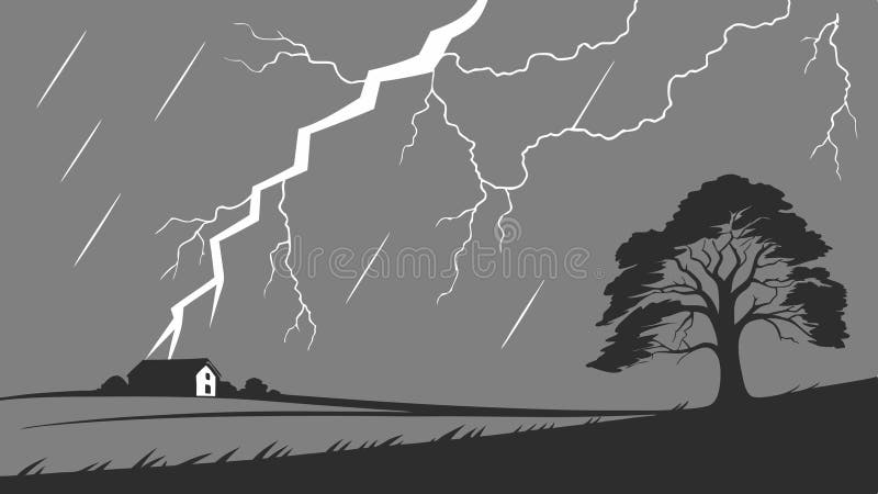 Intense Lightning Storm, Bare Tree, Heavy Rain, Dramatic Night Sky, vector design Generative AI vector illustration